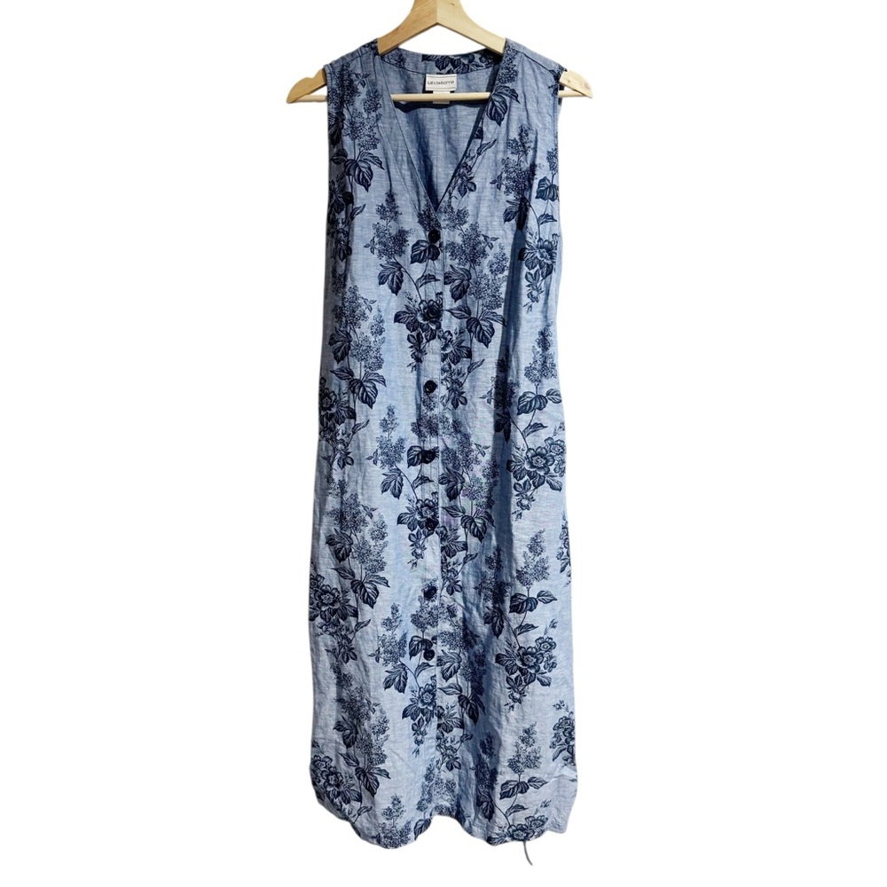 Liz Claiborne Women XL Blue Chambray Floral Sleeveless Maxi Dress Linen Blend